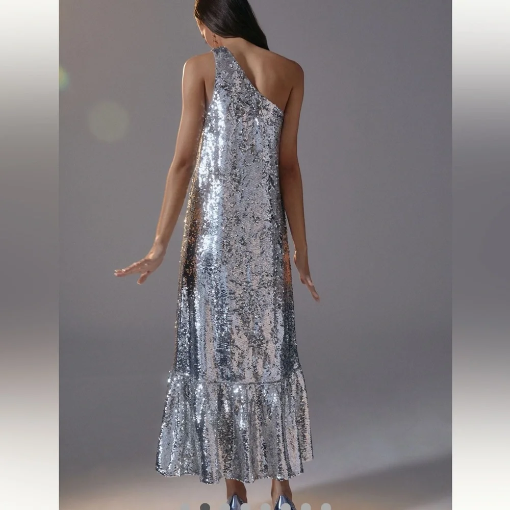 Maeve one shoulder silver sequin midi dress anthropologie sz large new nwt ✨ - Picture 4 of 14